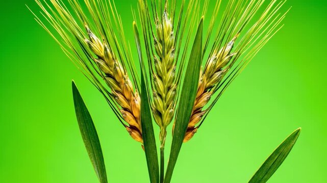 Close-up of green barley ears with leaves against a vibrant green background, symbolizing growth and agriculture.