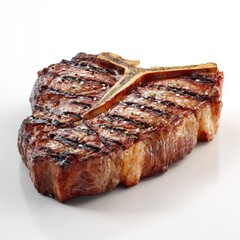 Delicious grilled t-bone steak with perfect char marks and seasonings isolated on white background