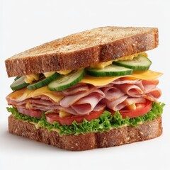 Hearty ham and cheese sandwich with fresh vegetables on toasted bread isolated on white background
