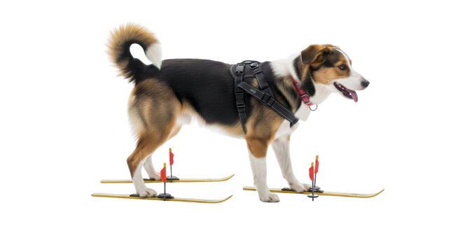 Dog on skis in harness ready for skijoring isolated PNG with Transparent Background