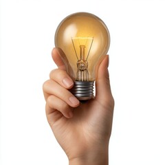 Hand holding a brightly glowing incandescent light bulb, symbol of new idea isolated on white background