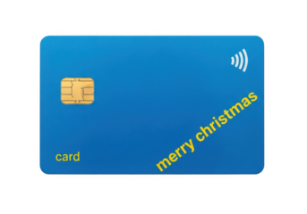 Blue credit card with merry christmas text and contactless payment symbol, isolated on transparent background