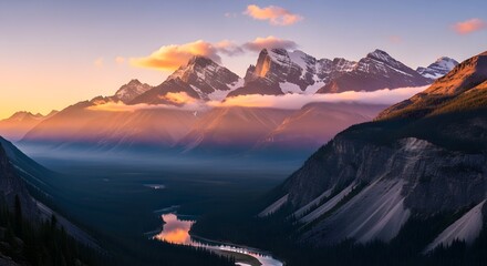 Majestic mountain peaks bathed in golden sunrise light