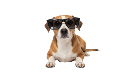 Dog wearing sunglasses with a funny expression isolated PNG with Transparent Background