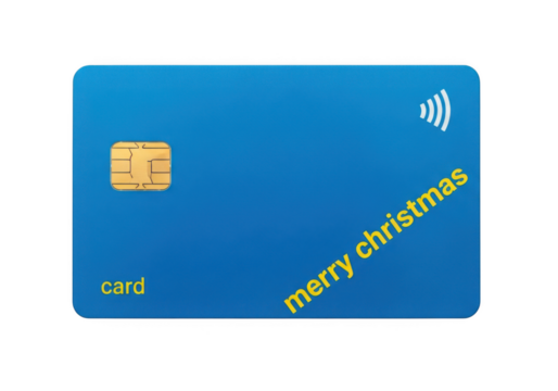 Blue credit card with merry christmas text and contactless payment symbol, isolated on transparent background