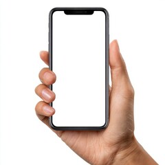 Hand holding modern smartphone with blank white screen for mockup isolated on white background