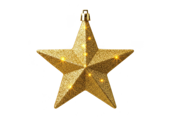 A glittering golden star christmas ornament with warm lights, isolated on transparent background