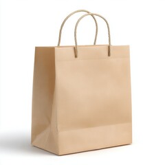 Empty brown paper shopping bag with sturdy rope handles on white background isolated on white background