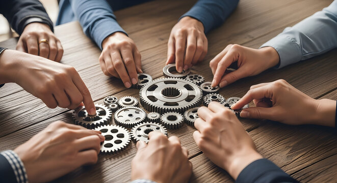 Business team joining hands while working together in an office setting - Powered by Adobe