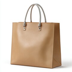 Light brown tote bag with braided handles isolated on white isolated on white background