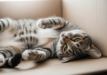 Relaxed tabby cat rolls on its back enjoying a peaceful nap on a sofa