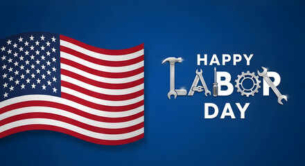 Happy labor day celebration with american flag and industrial tools on blue background
