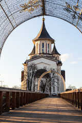 Cathedral of the Resurrection of the Lord known as Sun Cathedral with Christmas decorations. Oradea, Romania