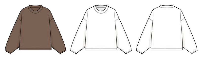 Crewneck Sweater Technical Fashion Illustration. Long-Sleeve Pullover Vector Template. Front and Back View. Relaxed Fit. Women&rsquo;s Wear. CAD Mockup.