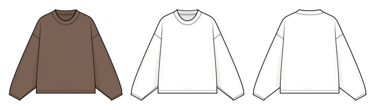 Crewneck Sweater Technical Fashion Illustration. Long-Sleeve Pullover Vector Template. Front and Back View. Relaxed Fit. Women&rsquo;s Wear. CAD Mockup.