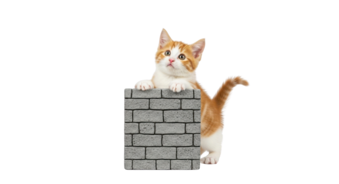 Ginger kitten leaning over a gray brick wall isolated PNG with Transparent Background