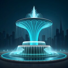 Futuristic neon fountain in a cityscape at night