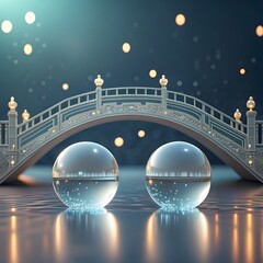 Magical bridge and crystal spheres reflecting city lights at night