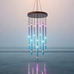 Modern outdoor wind chime with colorful led lights reflecting on water