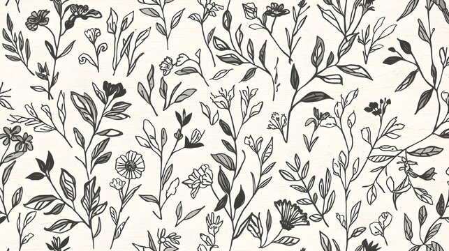 Monochrome Botanical Wallpaper Design with Wildflowers and Leaves