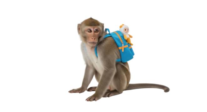 Monkey with a blue backpack and a toy chicken isolated PNG with Transparent Background