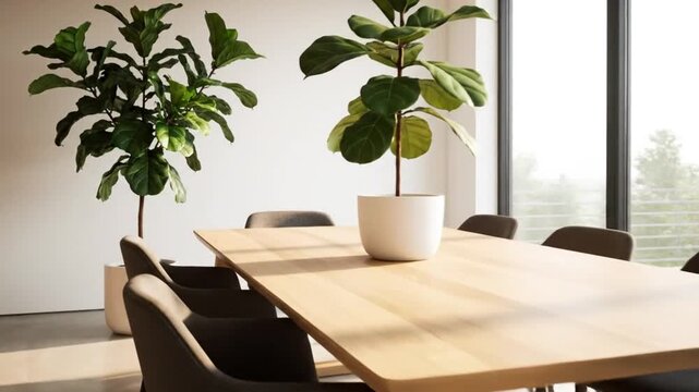 Bright modern room with large wooden table, dark chairs, and lush fiddle leaf fig plants