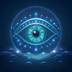 Futuristic glowing eye within a digital sphere with abstract light patterns