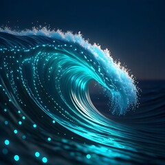 Glowing digital wave surfing through dark ocean waters