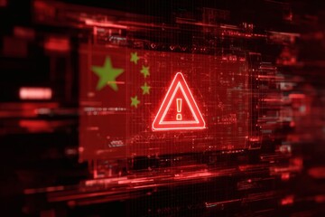 Obraz premium Cybersecurity alert concept with digital warning signs and Chinese flag overlay on red background symbolizing internet system threat or data attack risk. 