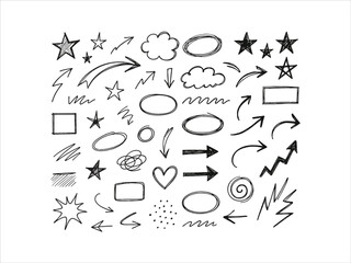casual notebook scribble elements with stars, arrows and shapes, hand-drawn pen style