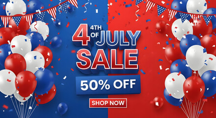 Fourth of july sale 50 percent off with balloons and american flags