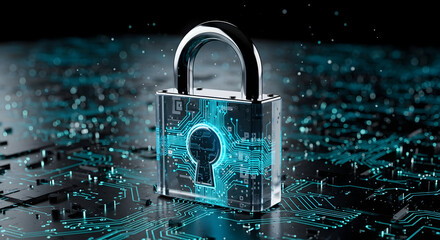 Lock and key on keyboard representing security and protection on blue background