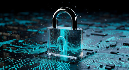 Lock and key on keyboard representing security and protection on blue background