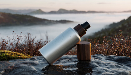 Aluminum spray bottle with wood cap in a misty mountain landscape
