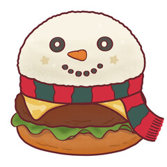 Cute Snowman Burger Character with Scarf Christmas Food Illustration