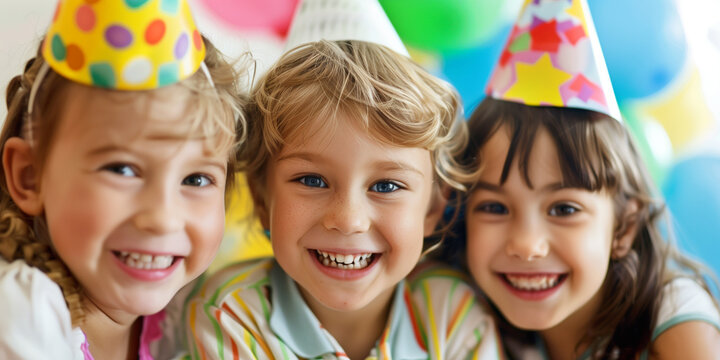 Cheerful Children Smiling in Birthday Party Hats