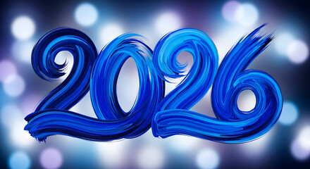 Bold blue brush strokes form the year 2026 against a bokeh background