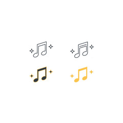 Collection of Musical Note Icons with Sparkle Accents Featuring Outline and Filled Versions in Dark Gray and Yellow Colors