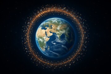 Obraz premium Earth from space, surrounded by a dense ring of numerous artificial satellites and space debris
