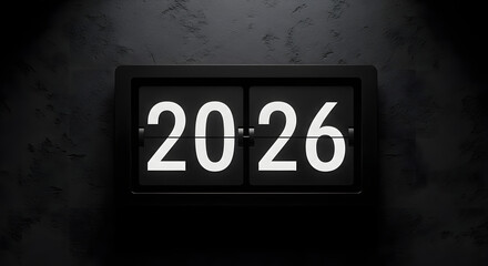 Retro flip clock displaying the year 2026 in bright white numbers against a dark background