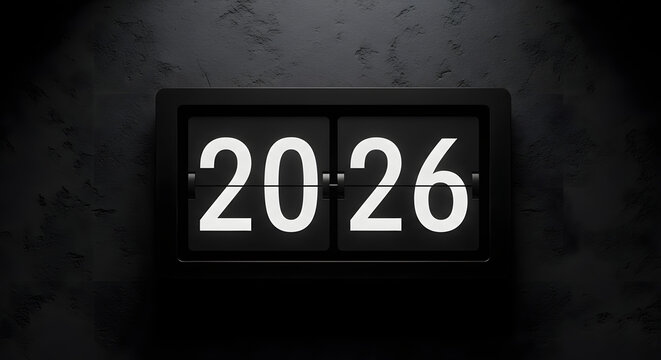 Retro flip clock displaying the year 2026 in bright white numbers against a dark background