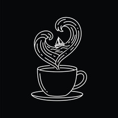 Coffee Love and Ocean Dreams Monoline Illustration with Sailboat and Waves