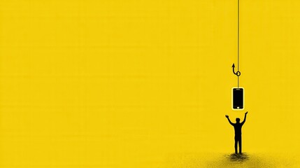 Obraz premium A man is reaching for his mobile phone that is on the hook. Metaphorical representation of technological dependency. ..Created with Generative AI, not depicting real subjects.