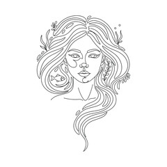 Continuous Line Art Portrait of Ocean Goddess Woman with Flowing Seaweed Hair