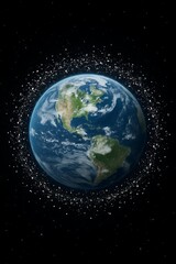 Obraz premium Earth from space, surrounded by a dense ring of numerous artificial satellites and space debris