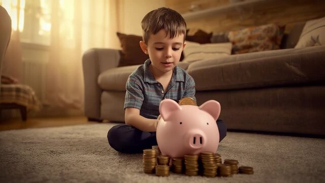 Little Boy Putting Coins into Pink Piggy Bank on Living Room Floor Saving Money Habit