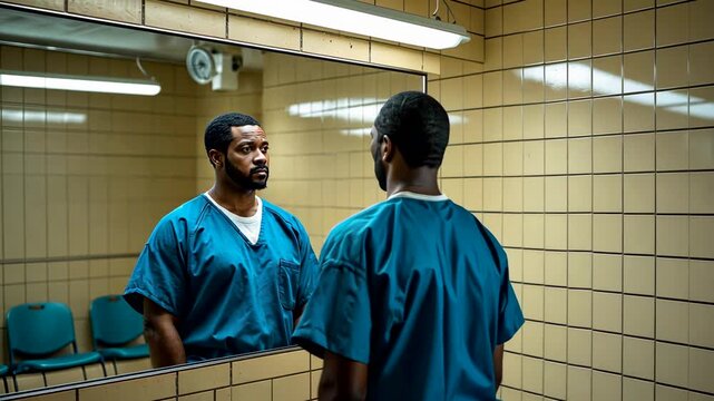 Two men in prison uniforms standing face to face inside tiled correctional facility hallway