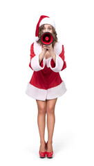 Young woman in a Santa costume shouting into a red megaphone, full-length front view on transparent background. Festive holiday image ideal for Christmas sales, announcements and promotions.