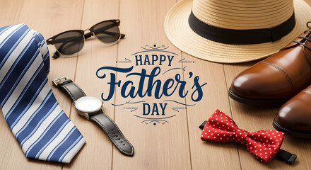 Stylish father s day celebration with classic accessories laid out on a wooden surface