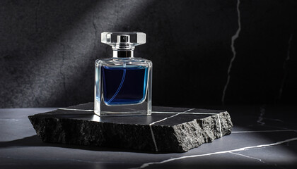 Luxury blue perfume bottle on a stone with dramatic shadows
